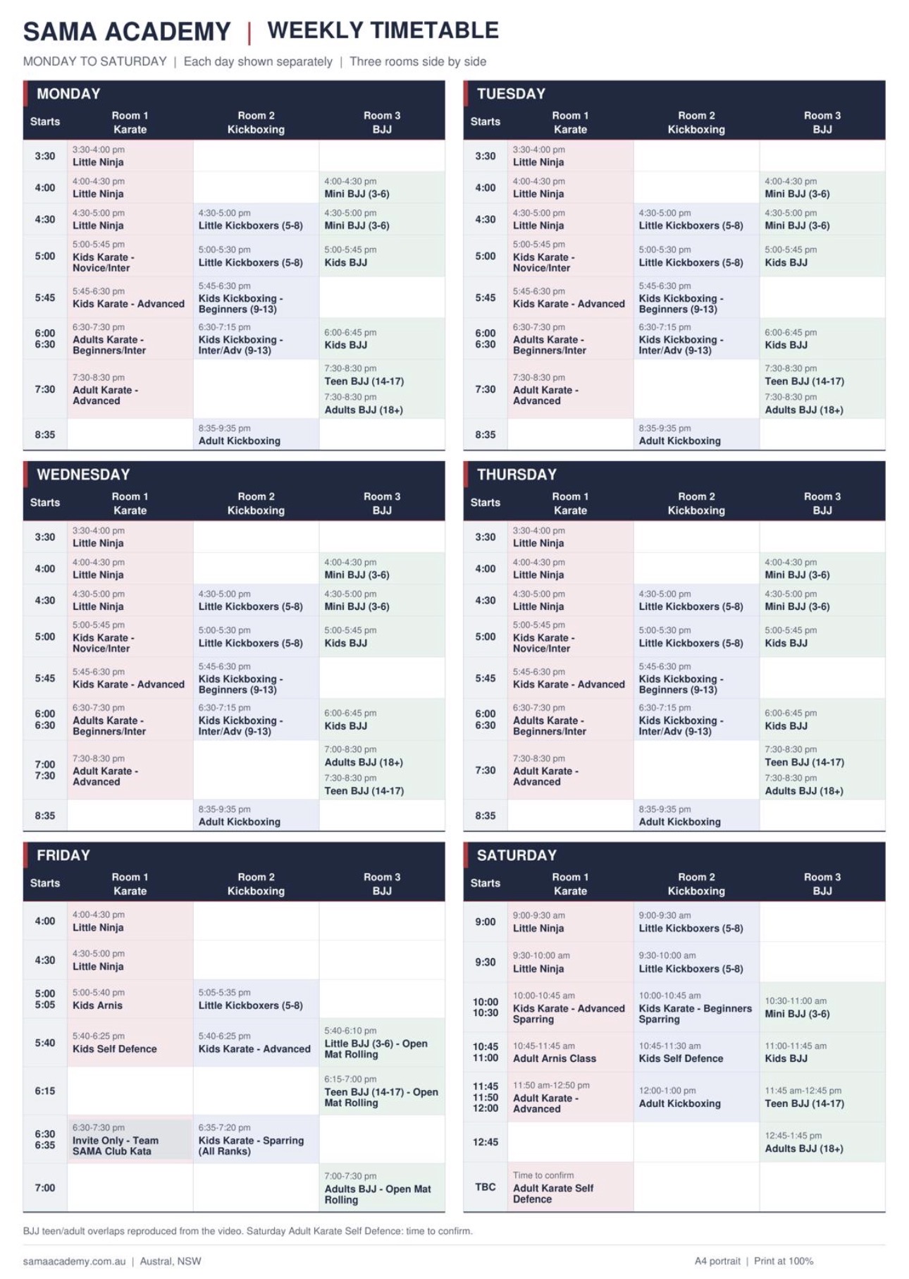 SAMA Academy weekly timetable: Monday to Saturday classes across Karate, Kickboxing and BJJ rooms